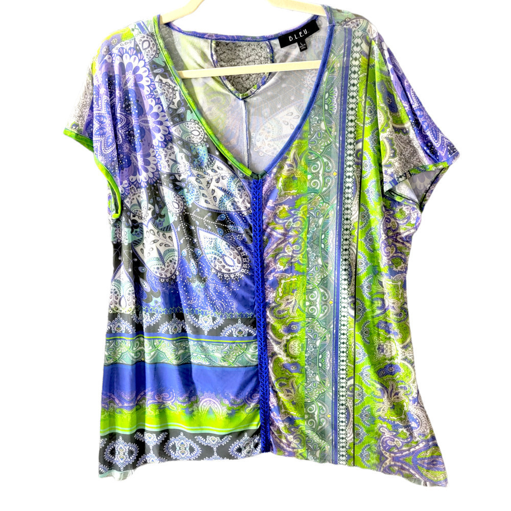 B.L.E.U. Womans Embellished Tunic Sz L Blue & Green Paisley Raw Hem Cap Sleeves